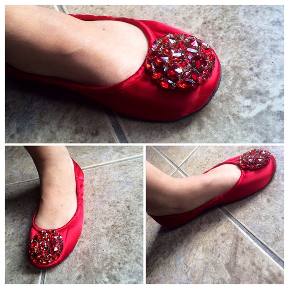 Red Satin Gem Slipper Flats - Picture 4 of 4